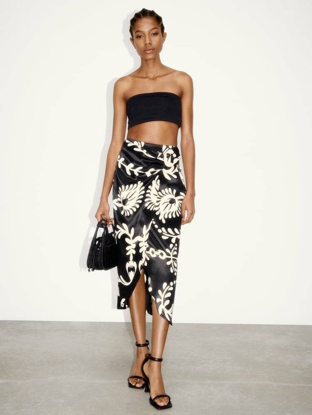 Zara Satin Printed Midi Skirt Side Buckle Draped Floral Black White XS